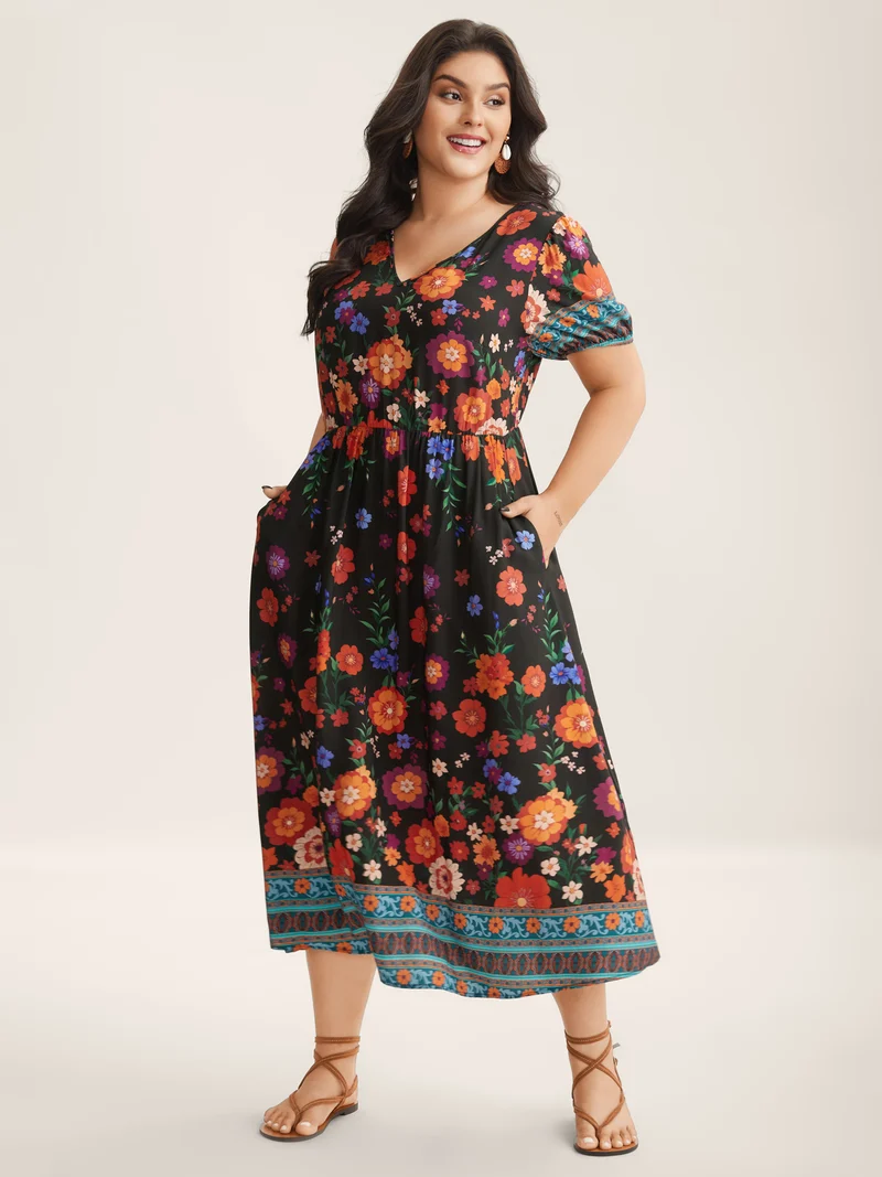 Colorful Floral Print V-Neck Midi Dress