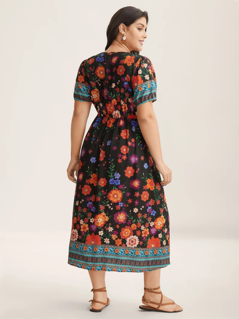 Colorful Floral Print V-Neck Midi Dress