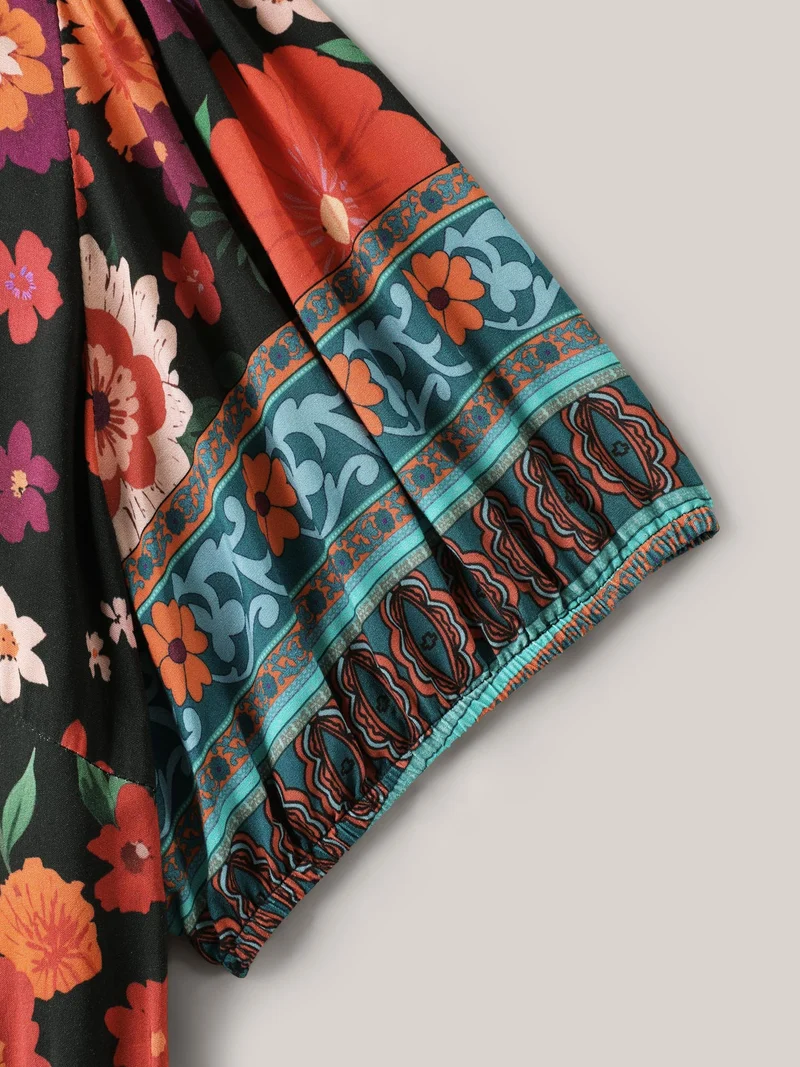 Colorful Floral Print V-Neck Midi Dress