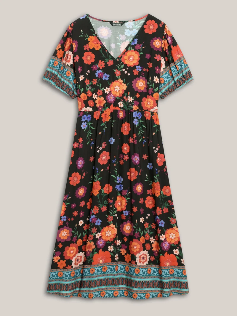 Colorful Floral Print V-Neck Midi Dress