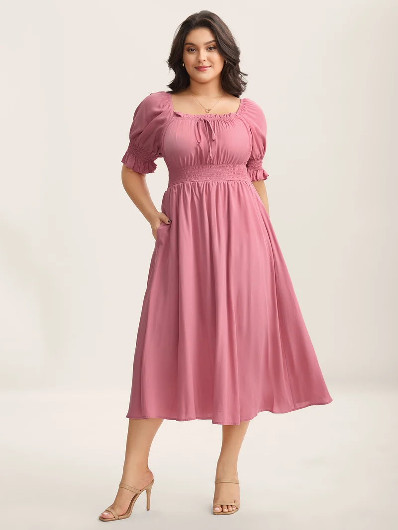 Rayon Stretchy Waist Pockets Milkmaid Dress