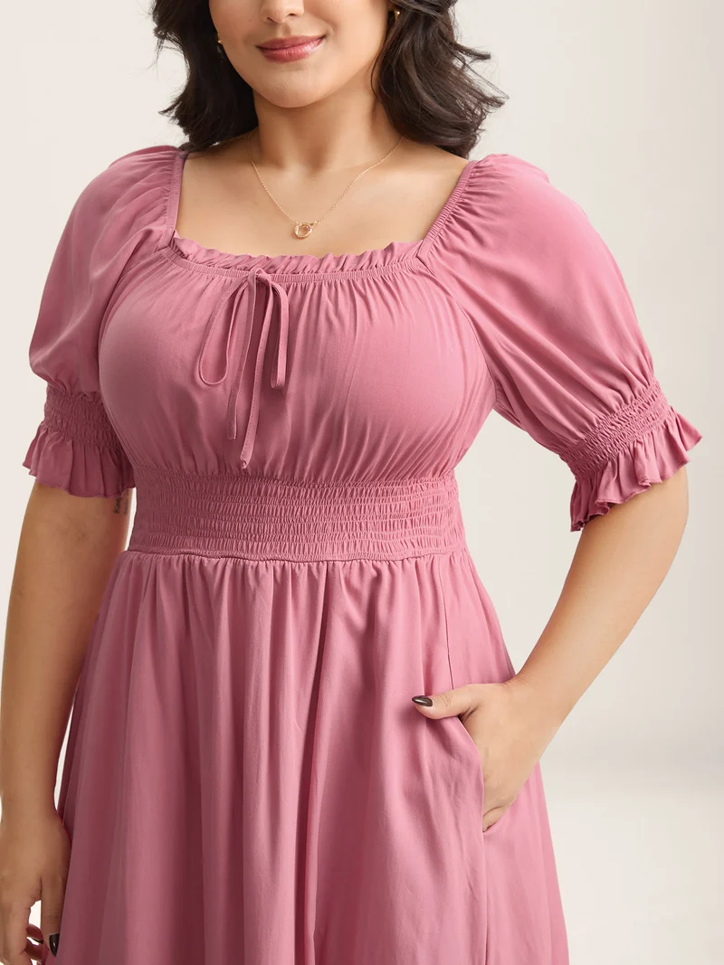 Rayon Stretchy Waist Pockets Milkmaid Dress