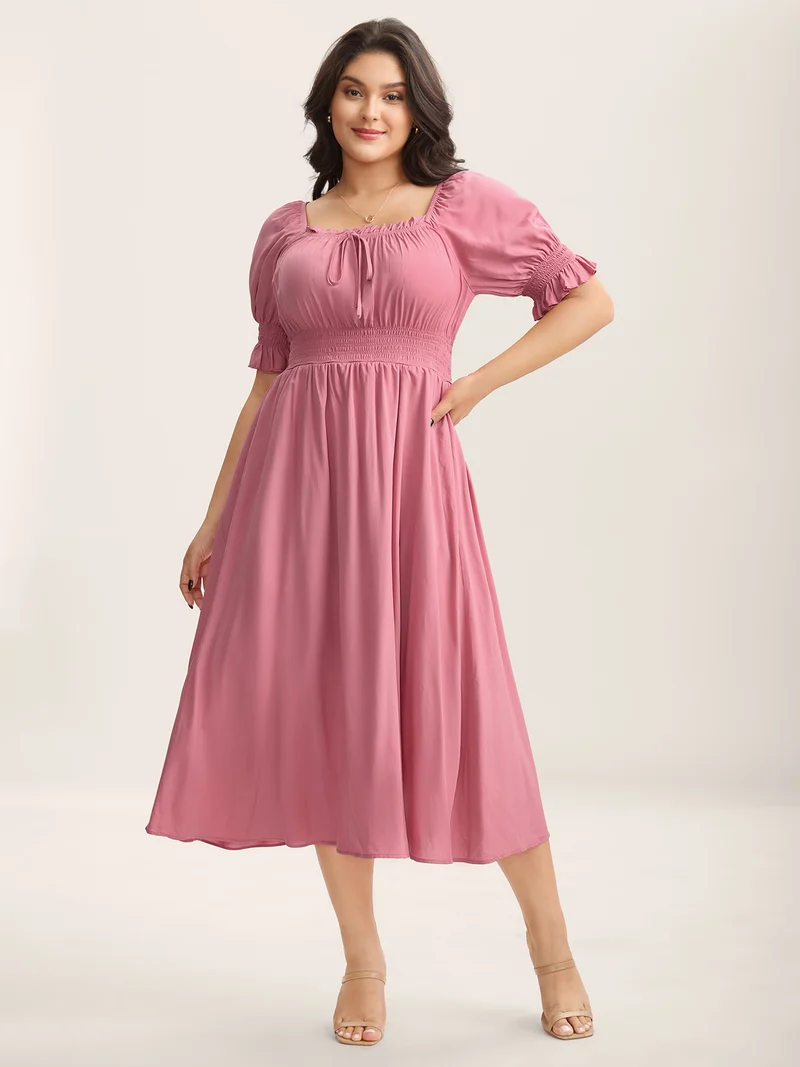 Rayon Stretchy Waist Pockets Milkmaid Dress