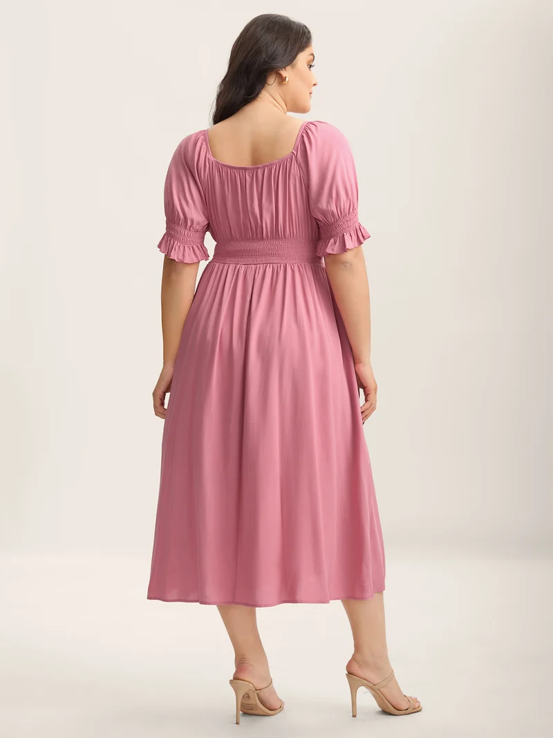 Rayon Stretchy Waist Pockets Milkmaid Dress