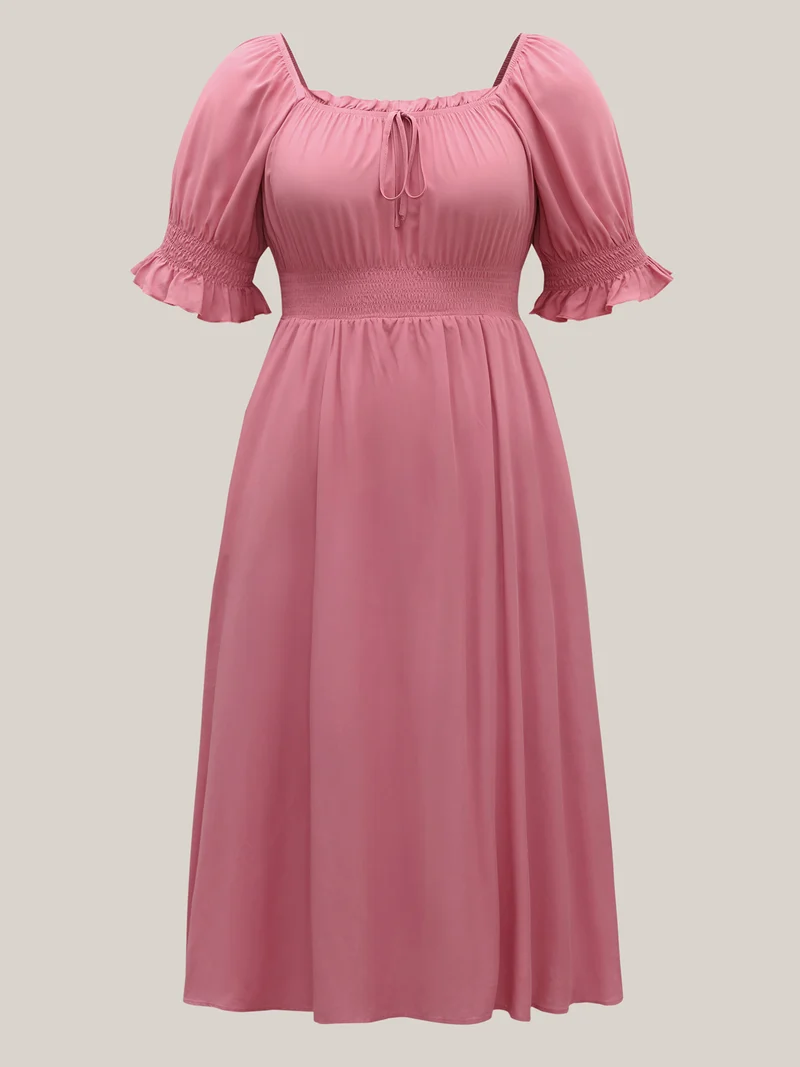 Rayon Stretchy Waist Pockets Milkmaid Dress