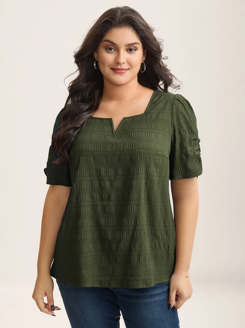 Textured Gathered Sleeve Split Neck Blouse