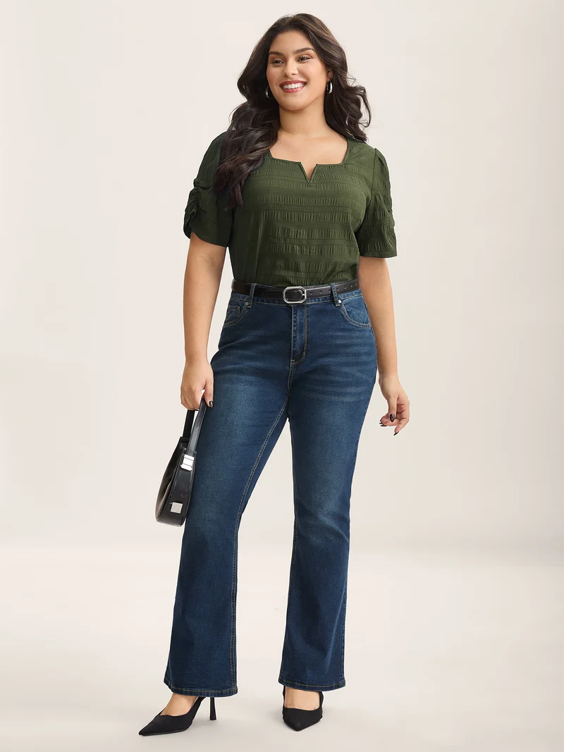 Textured Gathered Sleeve Split Neck Blouse