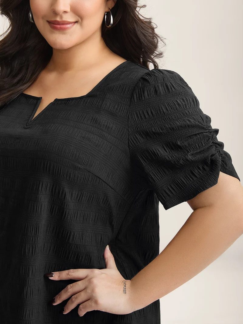 Textured Gathered Sleeve Split Neck Blouse