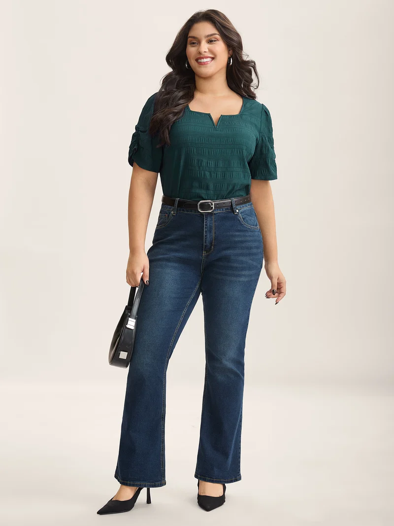 Textured Gathered Sleeve Split Neck Blouse