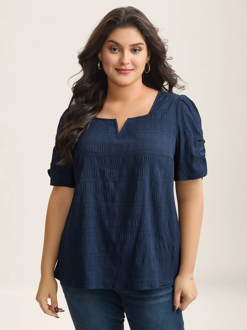 Textured Gathered Sleeve Split Neck Blouse