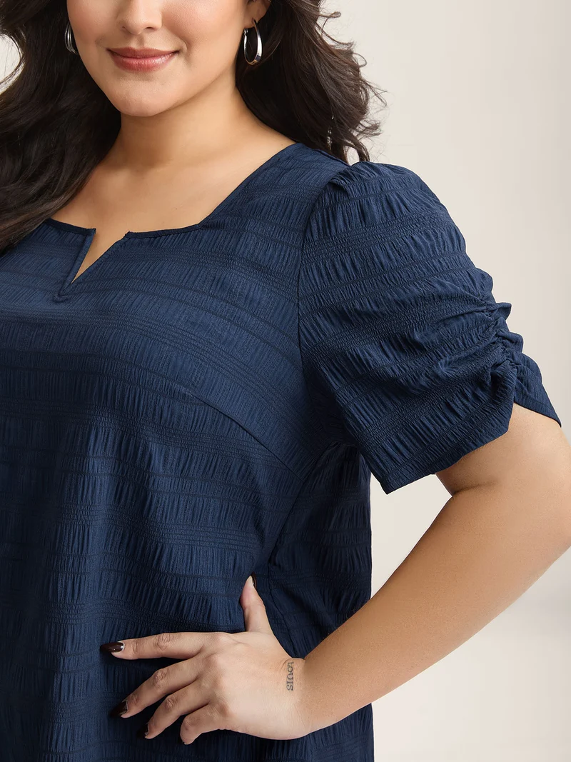 Textured Gathered Sleeve Split Neck Blouse
