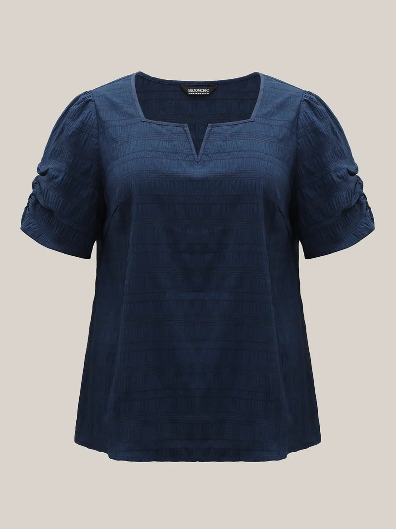 Textured Gathered Sleeve Split Neck Blouse