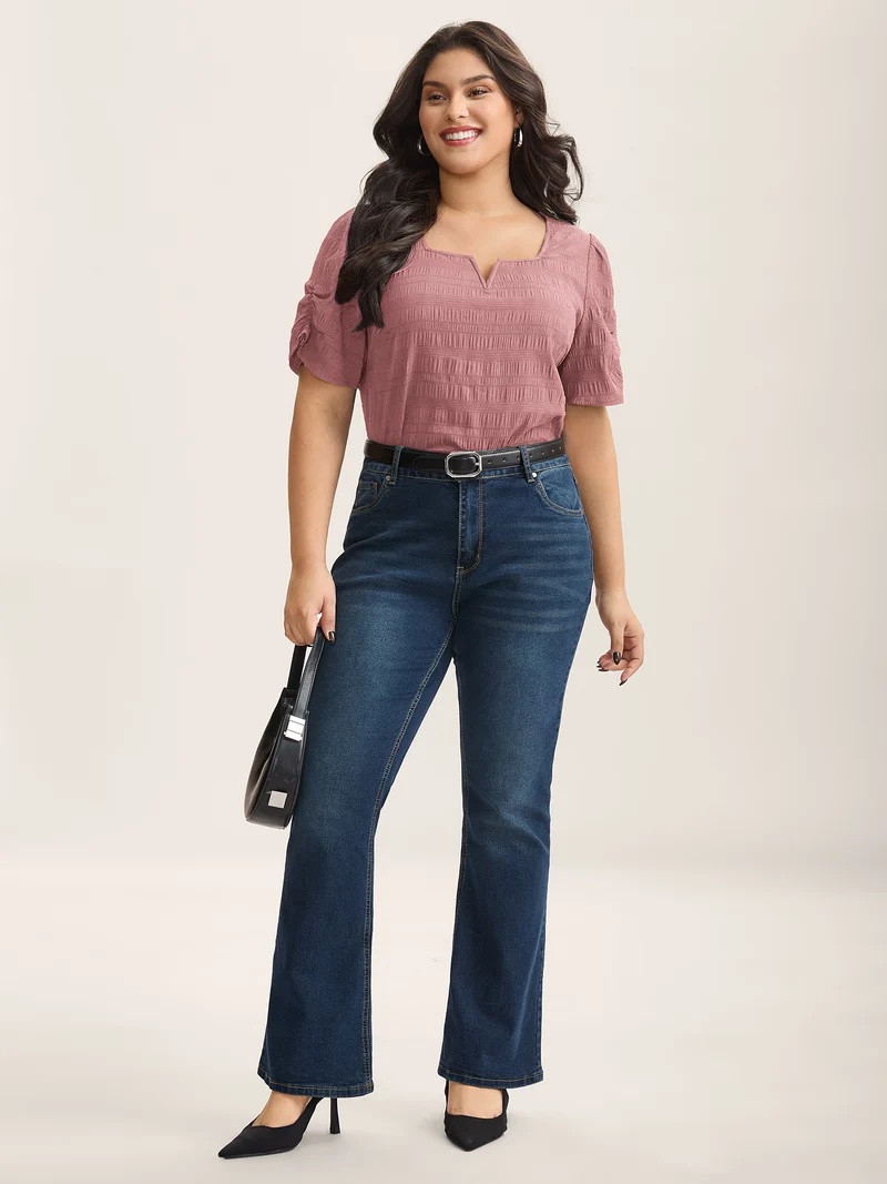 Textured Gathered Sleeve Split Neck Blouse