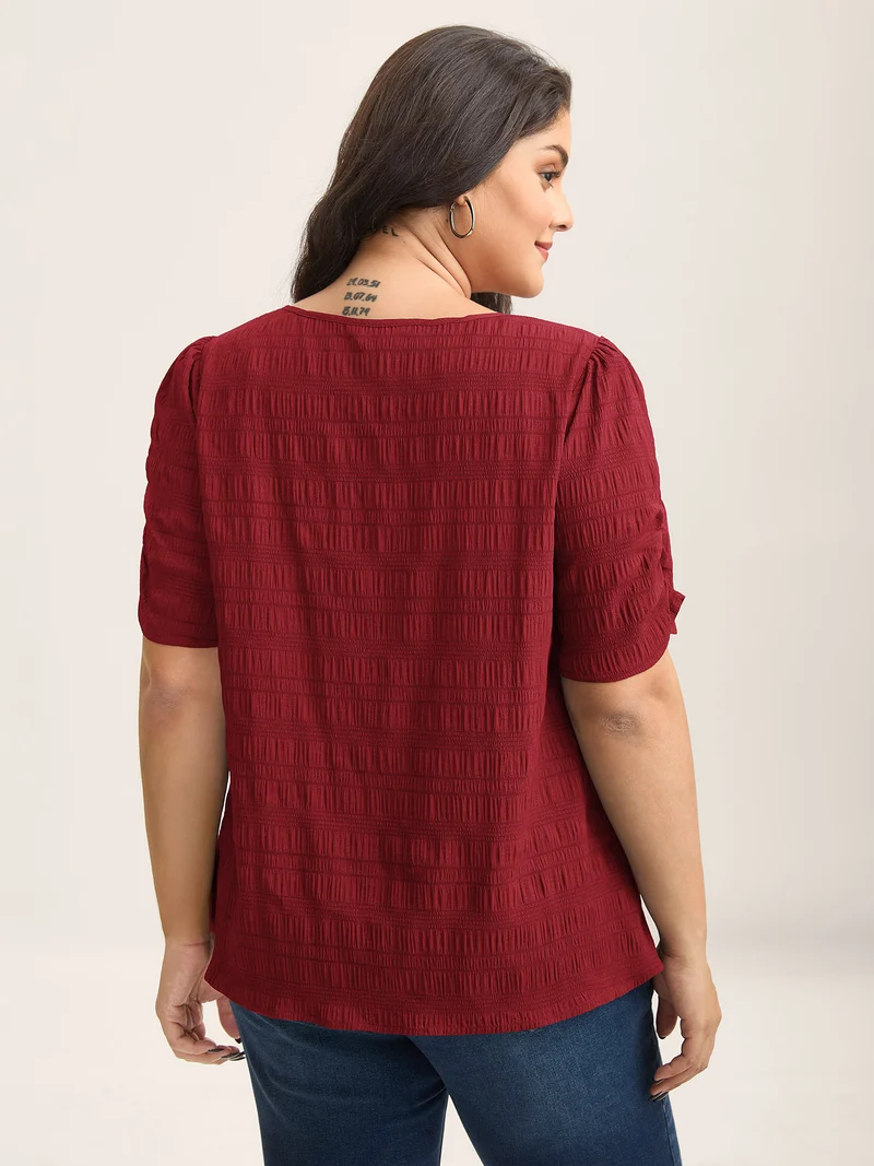 Textured Gathered Sleeve Split Neck Blouse