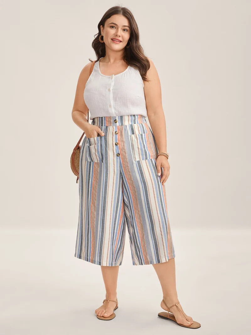 Soft Stripes Button Wide-Leg Pants
