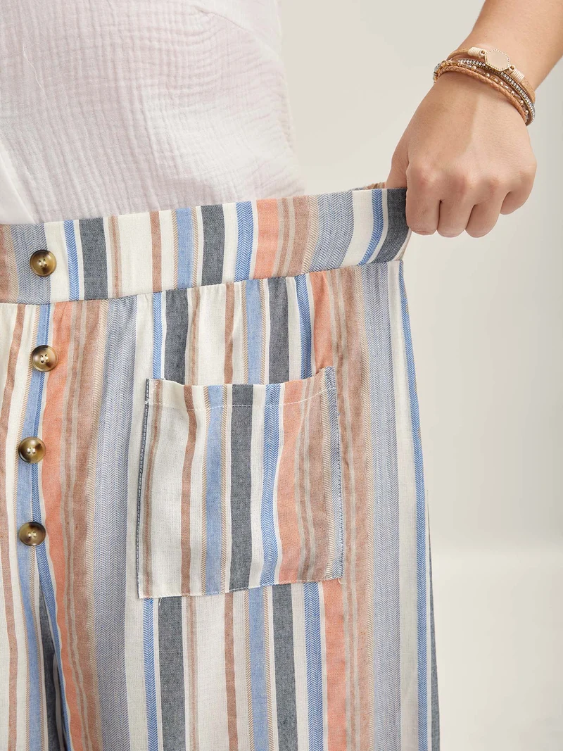 Soft Stripes Button Wide-Leg Pants