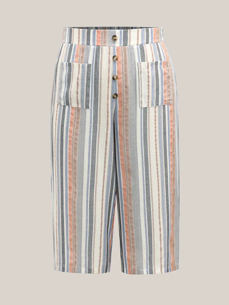 Soft Stripes Button Wide-Leg Pants