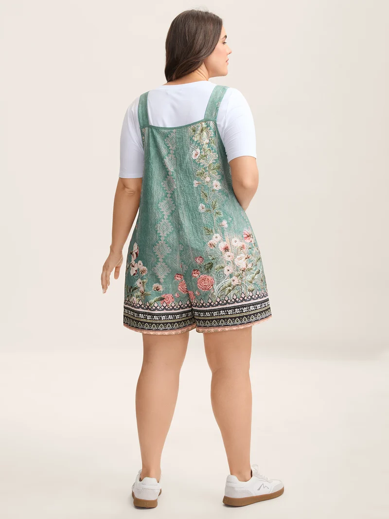 Floral Boho Print Overall Straps Romper