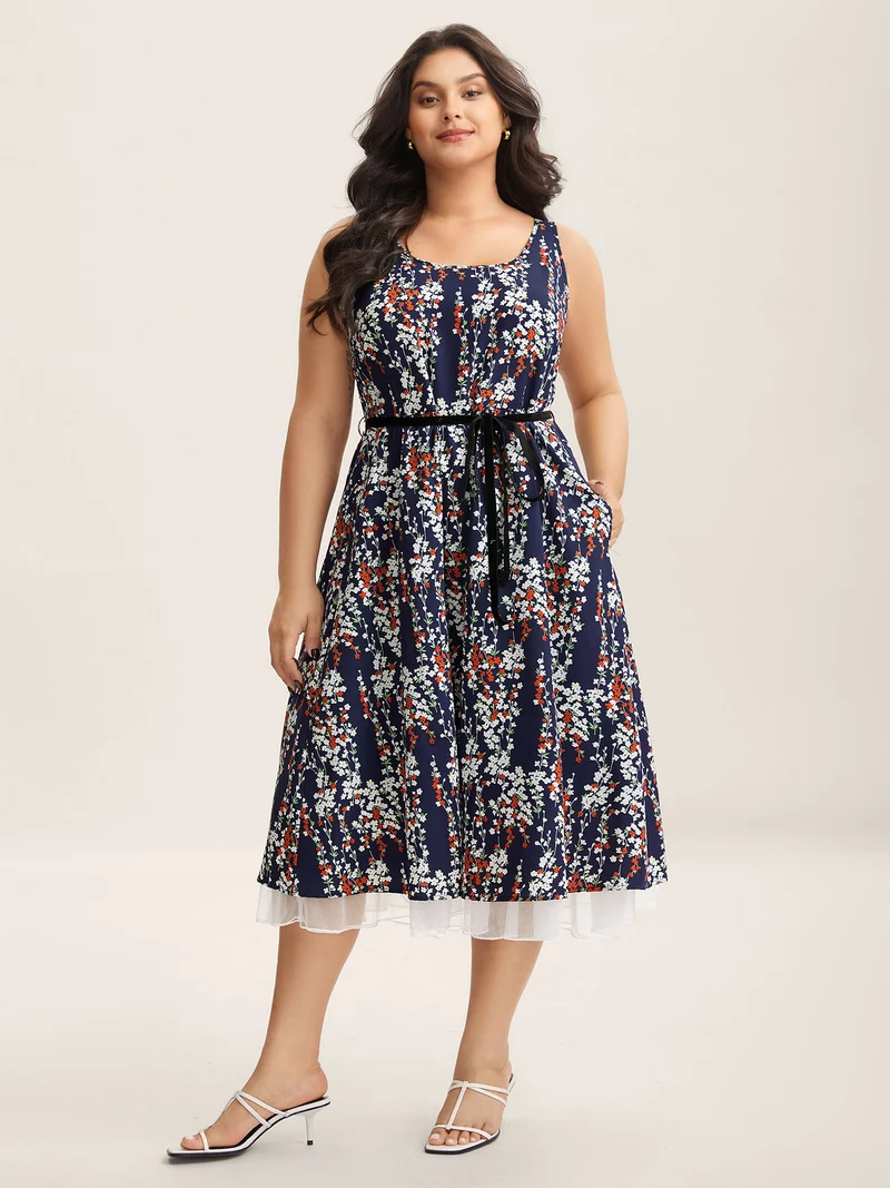 Ditsy Floral Print Lace Hem Midi Dress