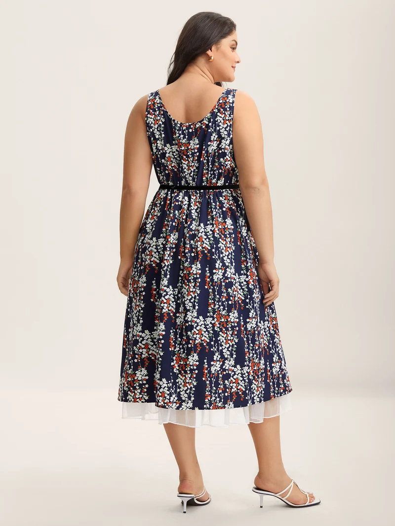 Ditsy Floral Print Lace Hem Midi Dress