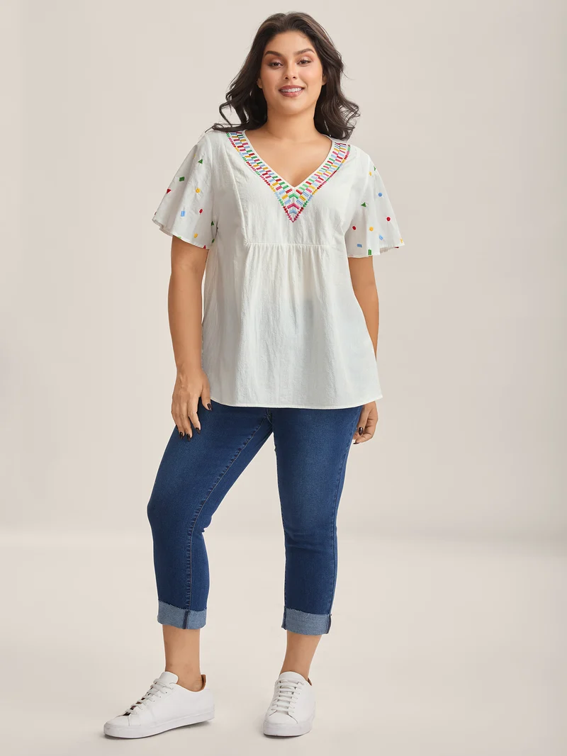 Cotton Colorful Embroidery V-Neck Solid Blouse