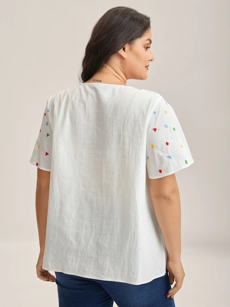 Cotton Colorful Embroidery V-Neck Solid Blouse
