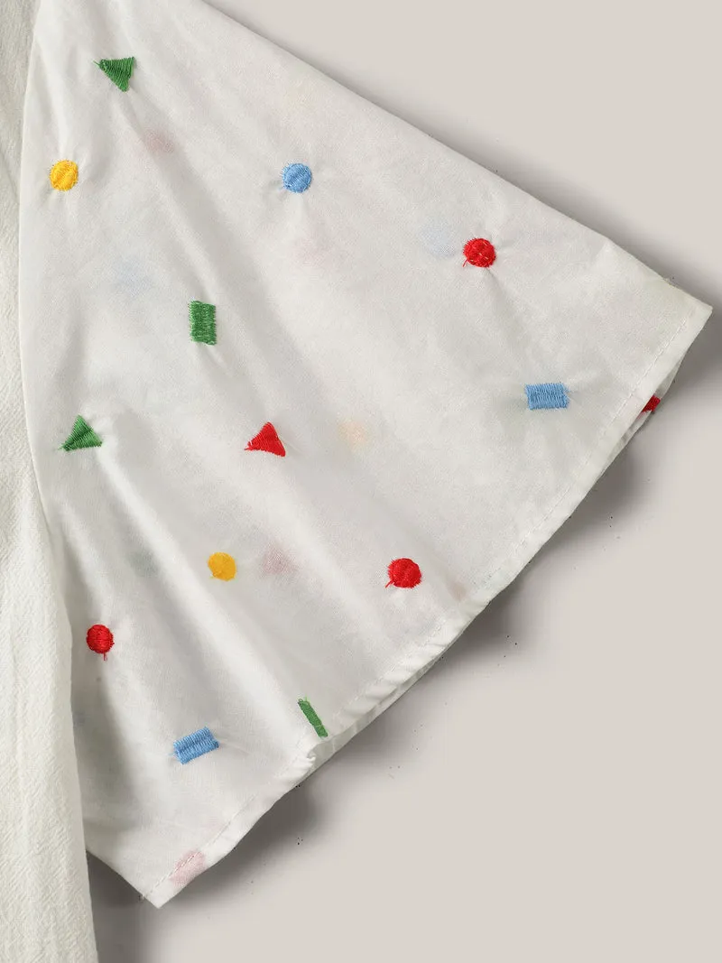 Cotton Colorful Embroidery V-Neck Solid Blouse