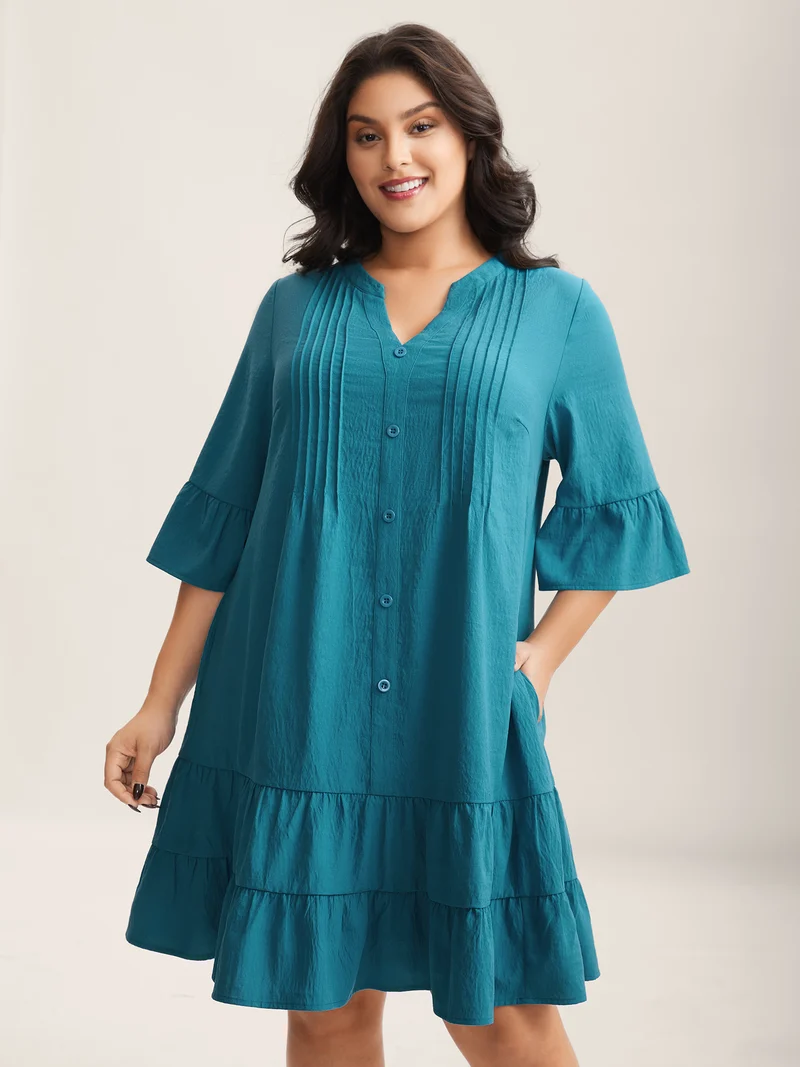 Toothpick Pleat Relaxed Fit Tiered Midi Dress