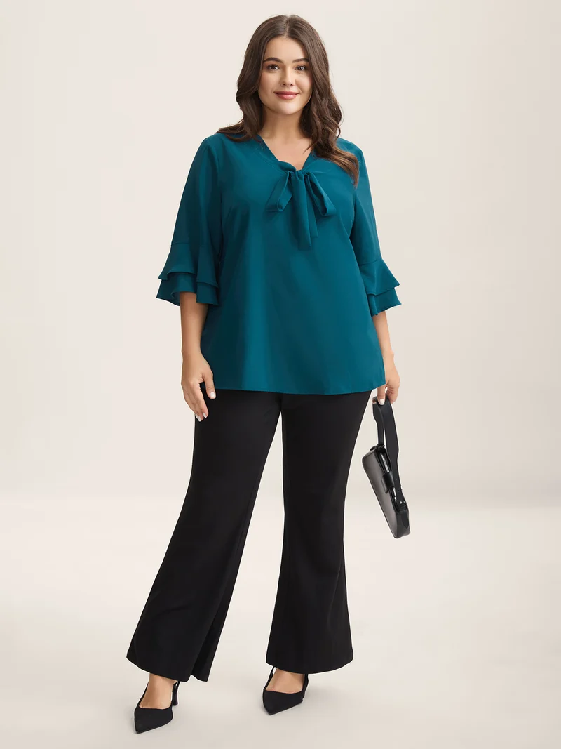 Ribbon Collar Double Lotus Sleeve Blouse