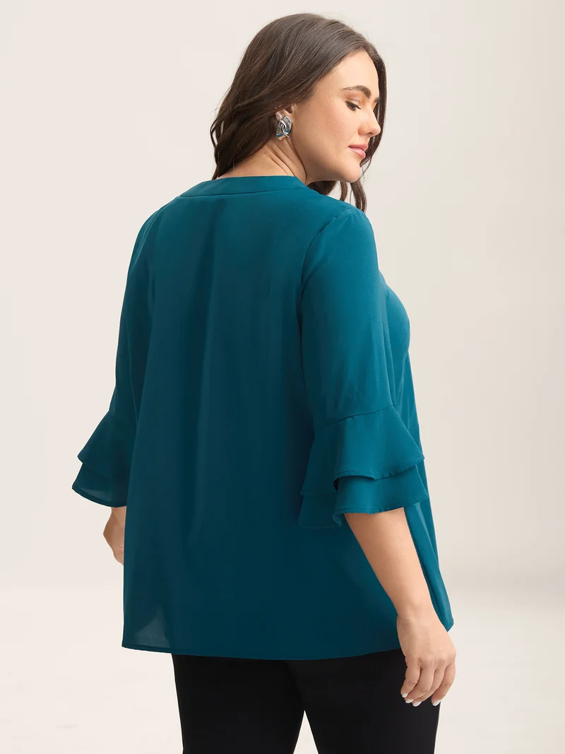 Ribbon Collar Double Lotus Sleeve Blouse
