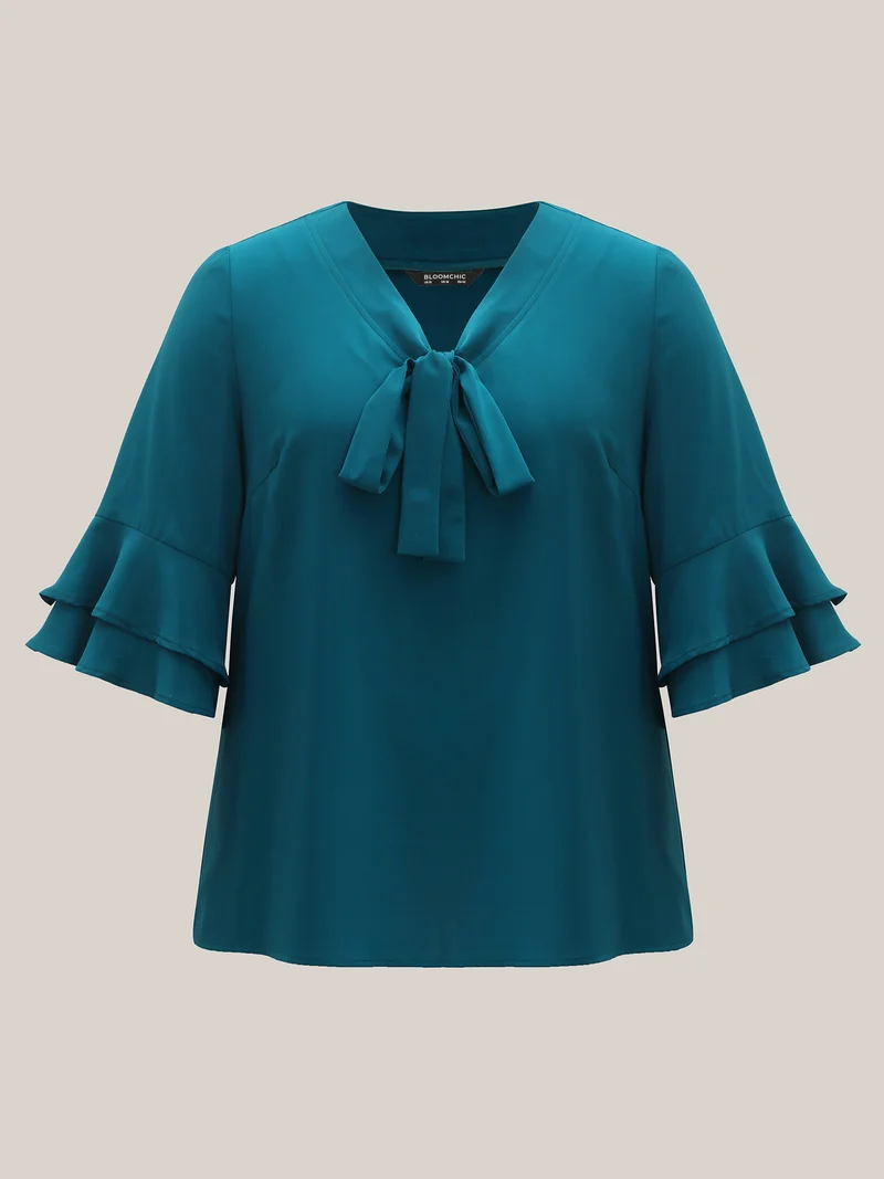 Ribbon Collar Double Lotus Sleeve Blouse