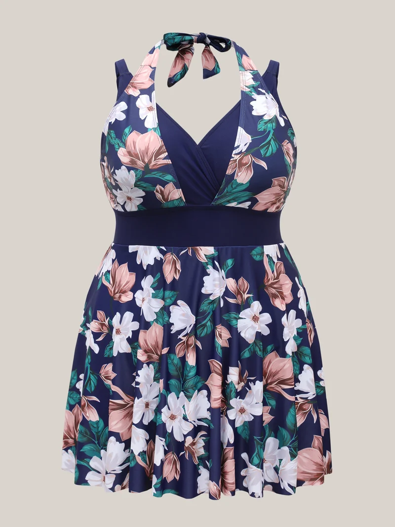 Floral Print Color Block Swim Dress