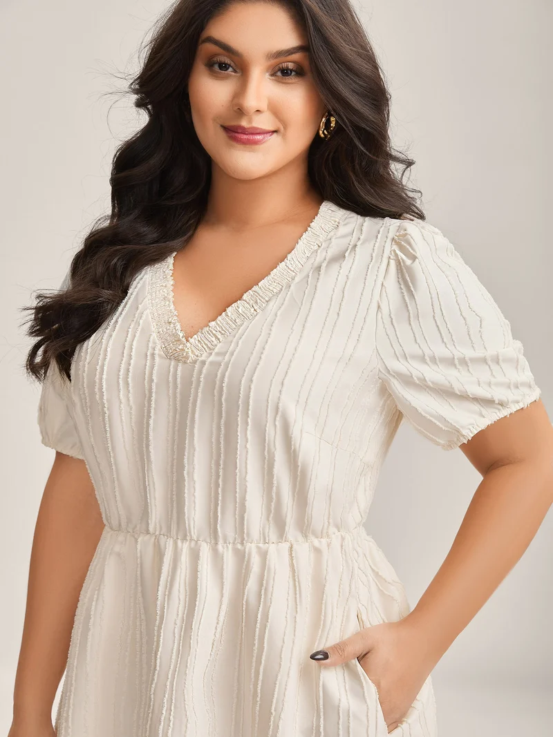 Textured V-Neck Pockets Solid Midi Dress