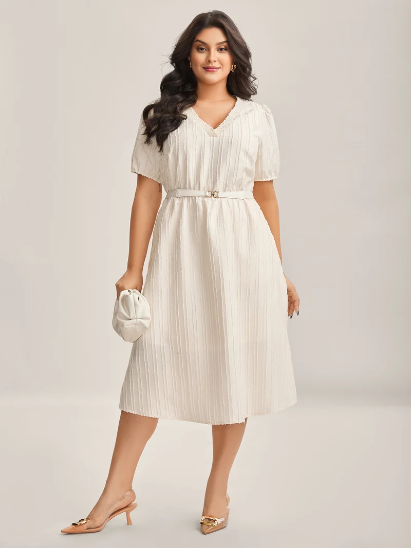 Textured V-Neck Pockets Solid Midi Dress