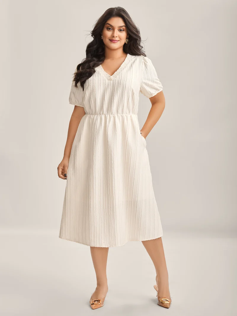 Textured V-Neck Pockets Solid Midi Dress