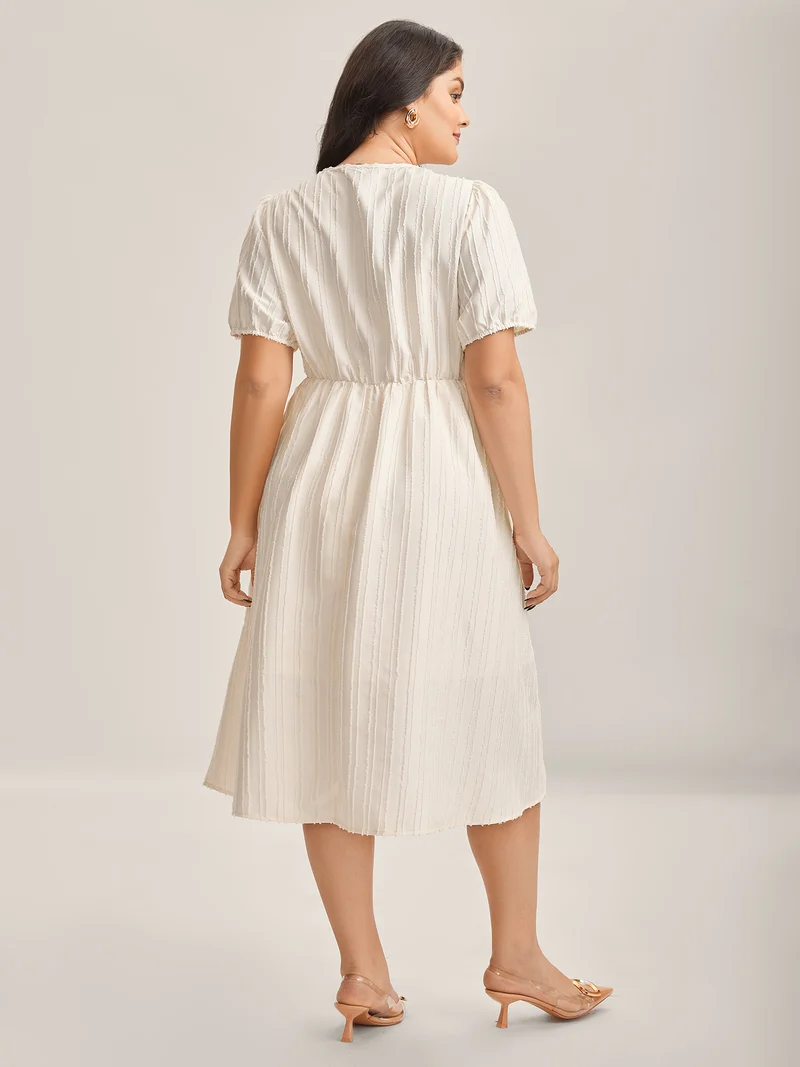 Textured V-Neck Pockets Solid Midi Dress