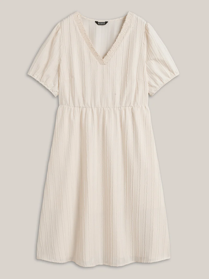 Textured V-Neck Pockets Solid Midi Dress
