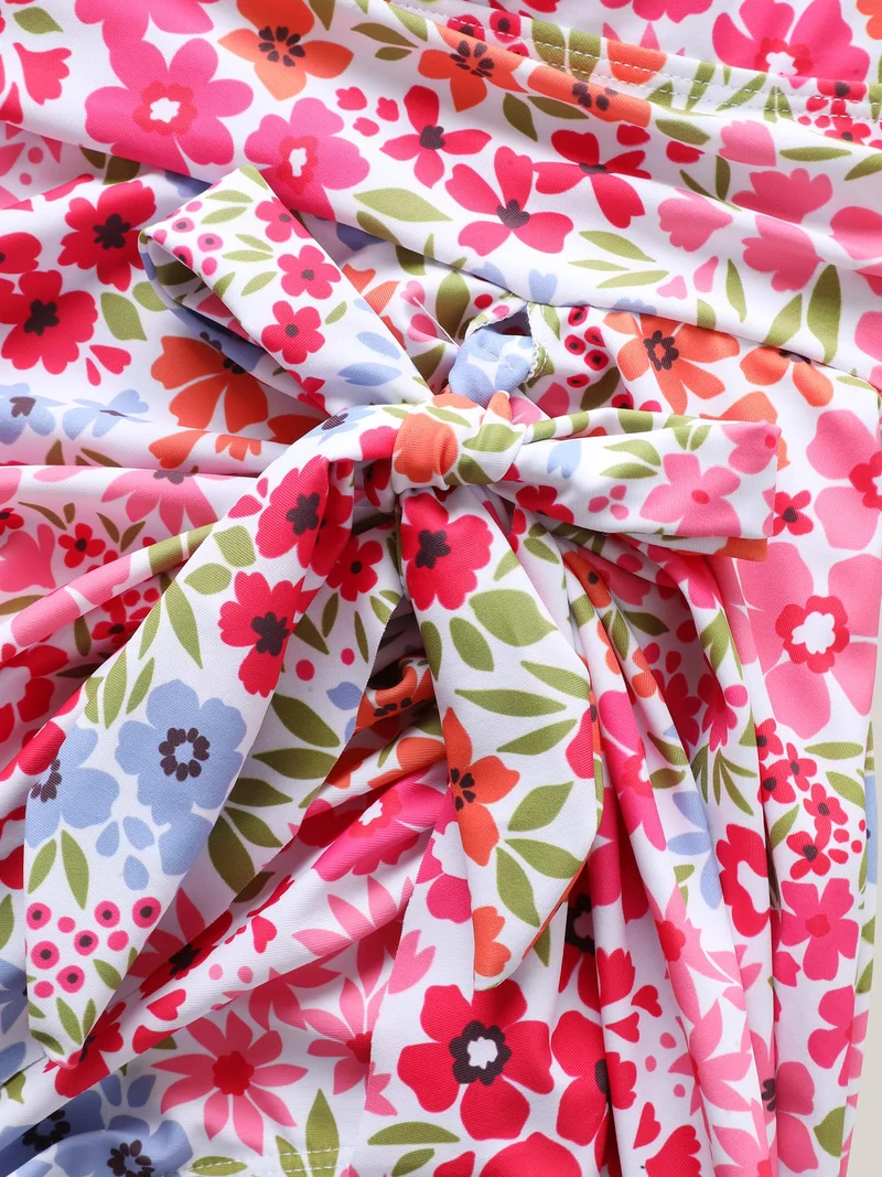 Knotted Blooming Floral Print Swim Dress