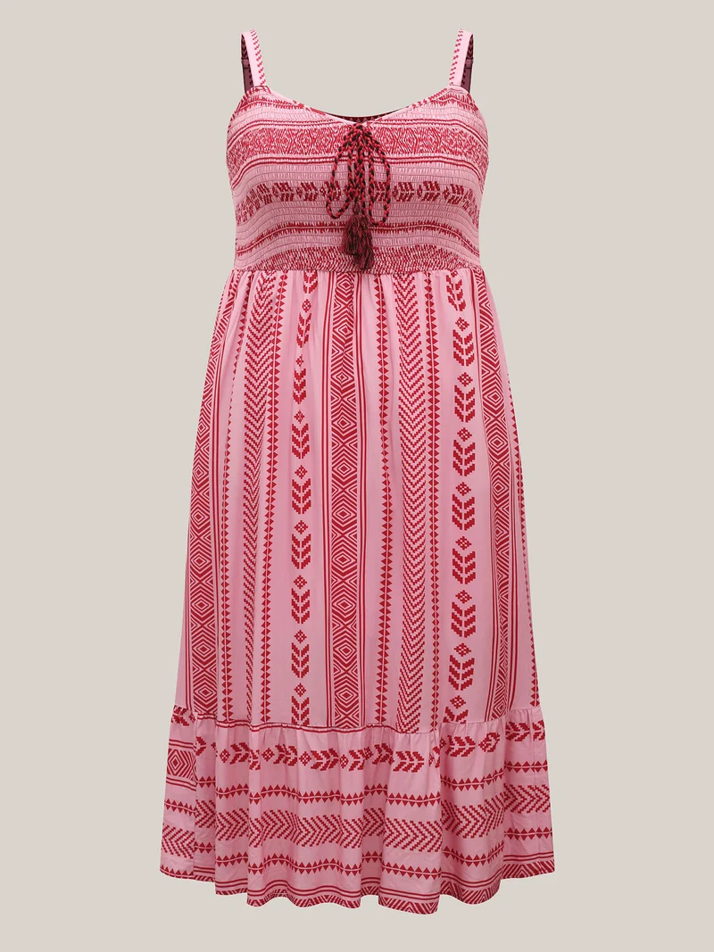 Boho Stripes Shirred Tassel Midi Dress