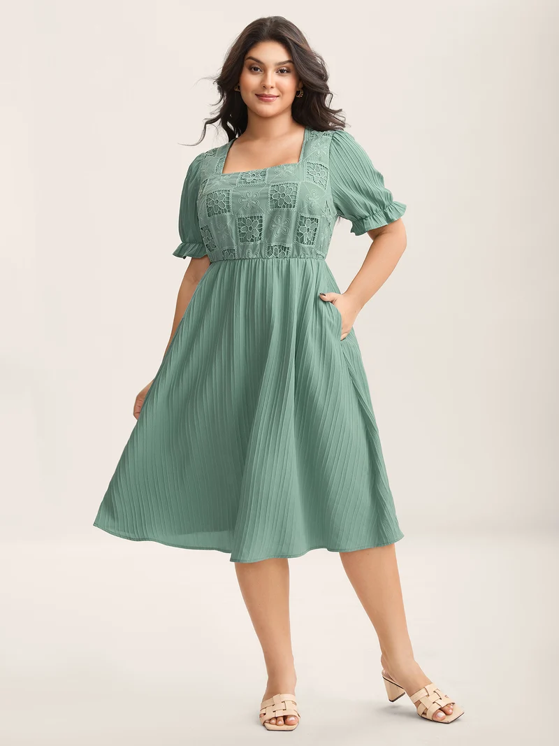 Lace Cut-Out Pockets Midi Dress