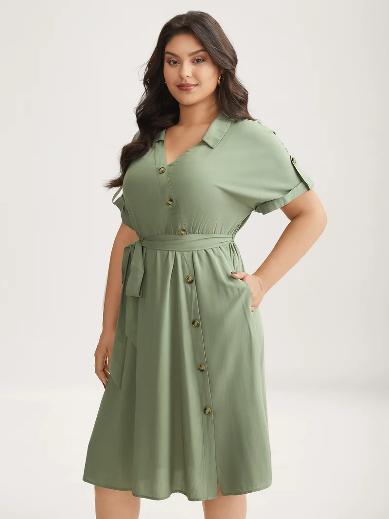 Rayon Button Detail Belted Pockets Midi Dress