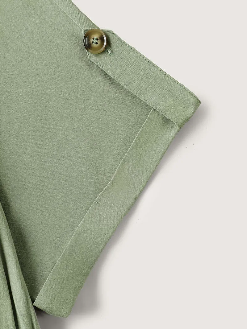 Rayon Button Detail Belted Pockets Midi Dress