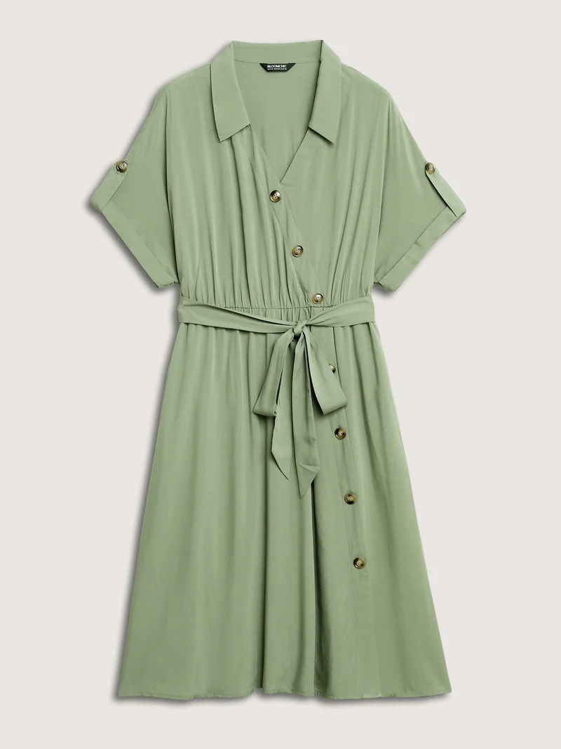 Rayon Button Detail Belted Pockets Midi Dress