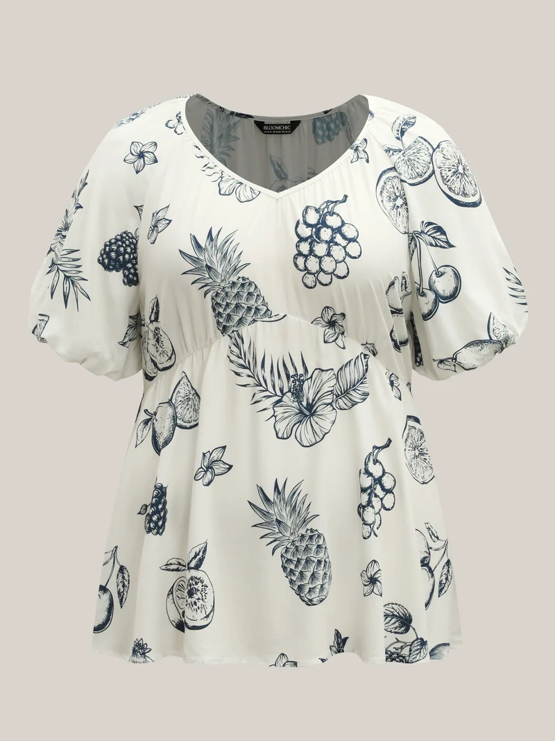 Fruity Print Bud Sleeve V-Neck Blouse