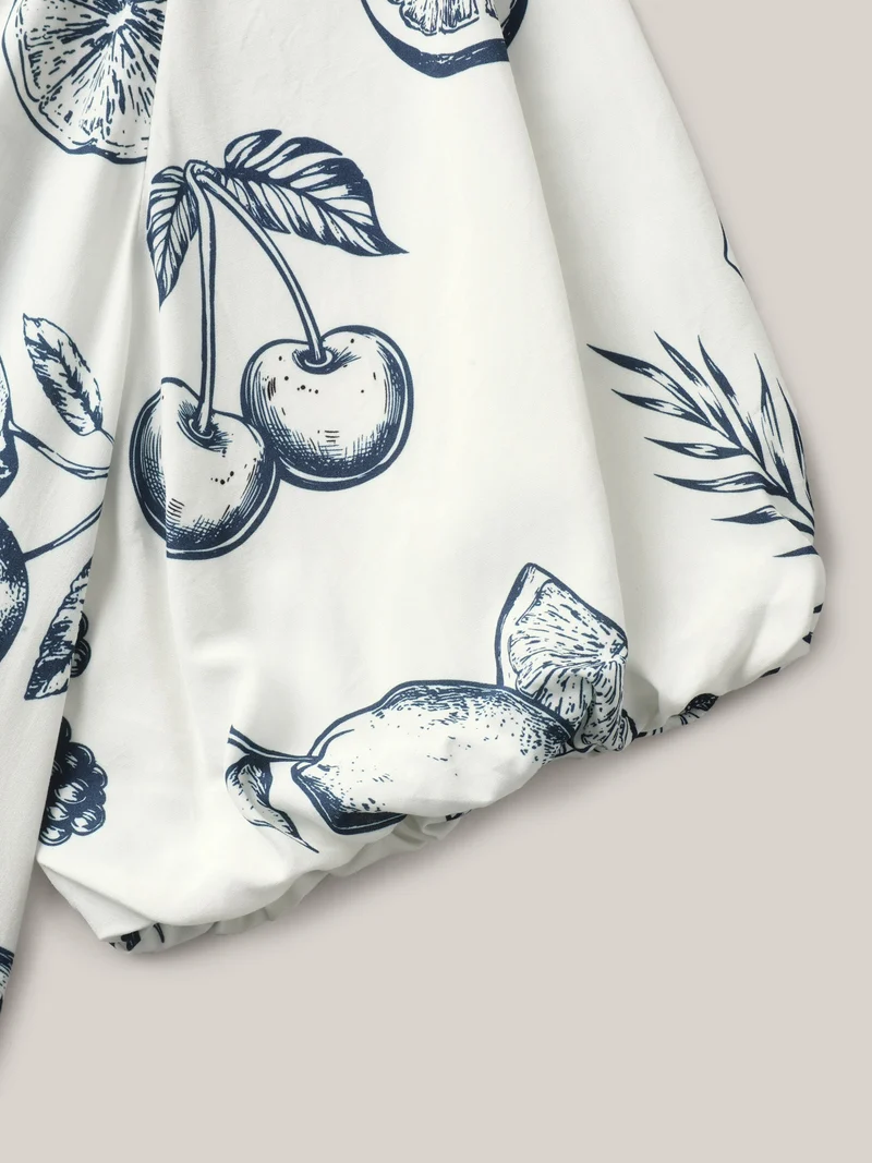 Fruity Print Bud Sleeve V-Neck Blouse
