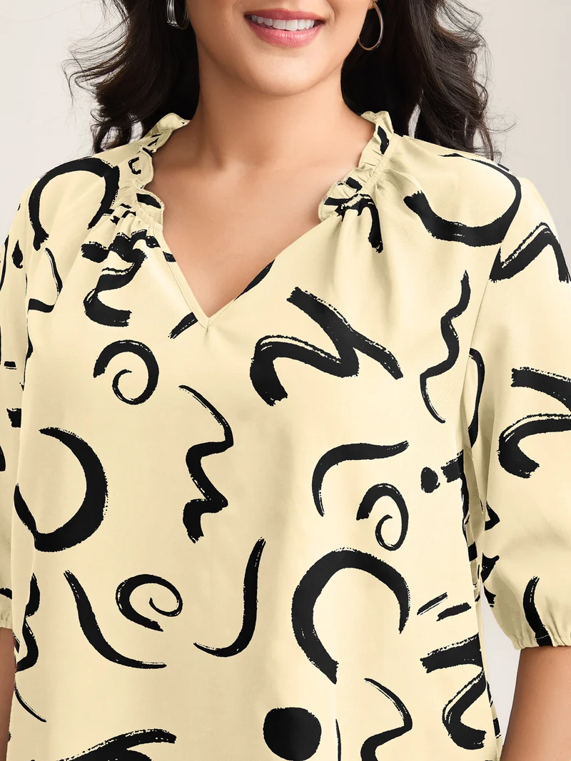 Scribble Print Ruffled Split Neck Blouse