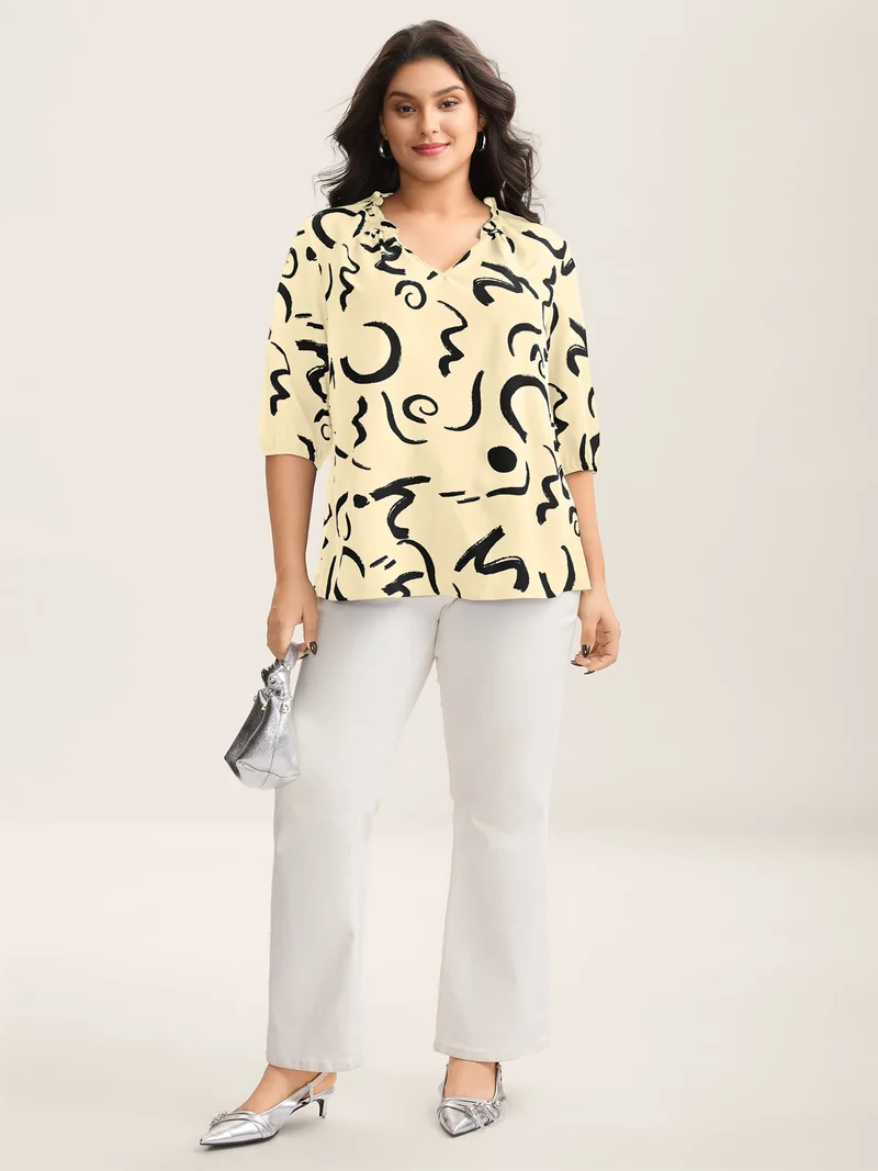 Scribble Print Ruffled Split Neck Blouse