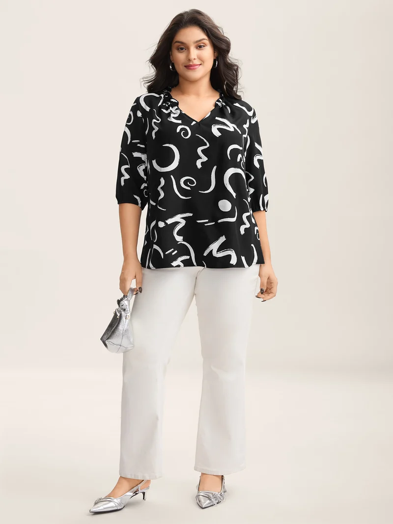 Scribble Print Ruffled Split Neck Blouse
