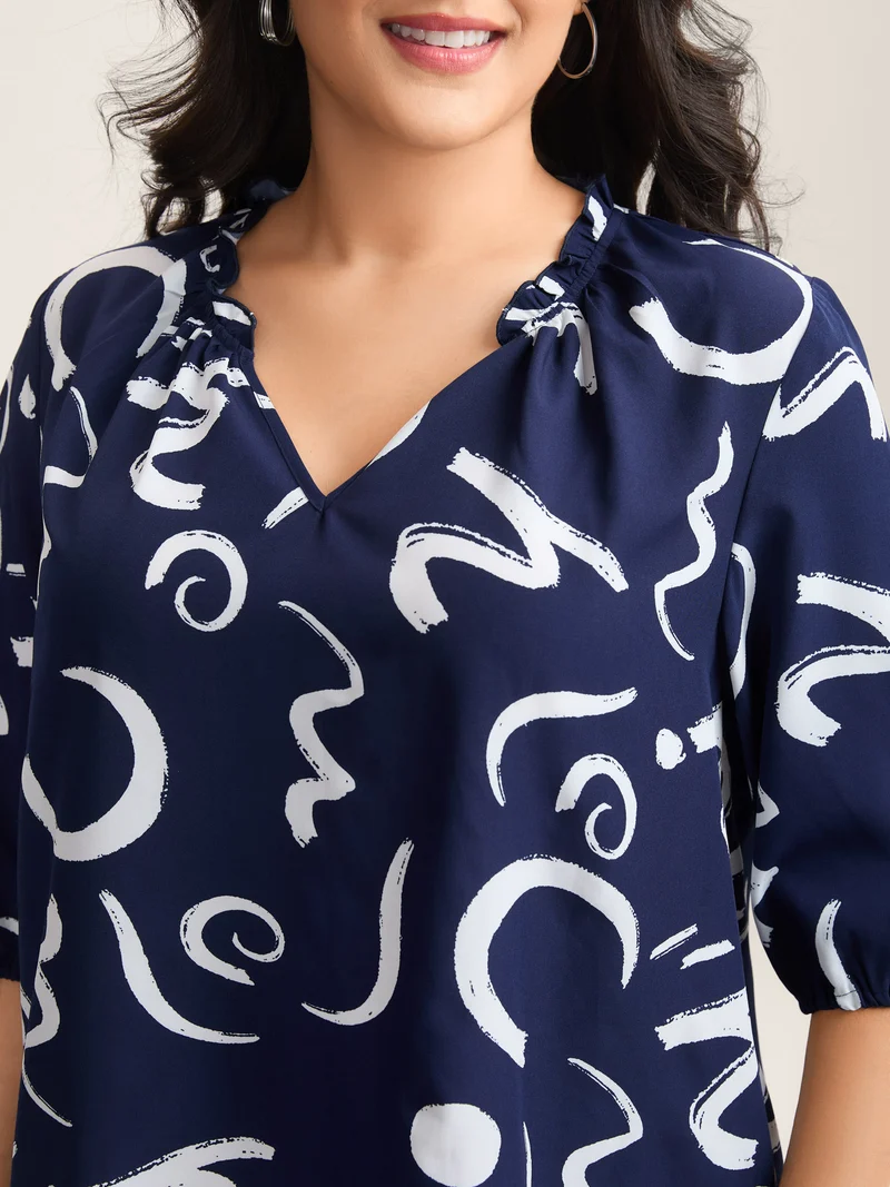 Scribble Print Ruffled Split Neck Blouse