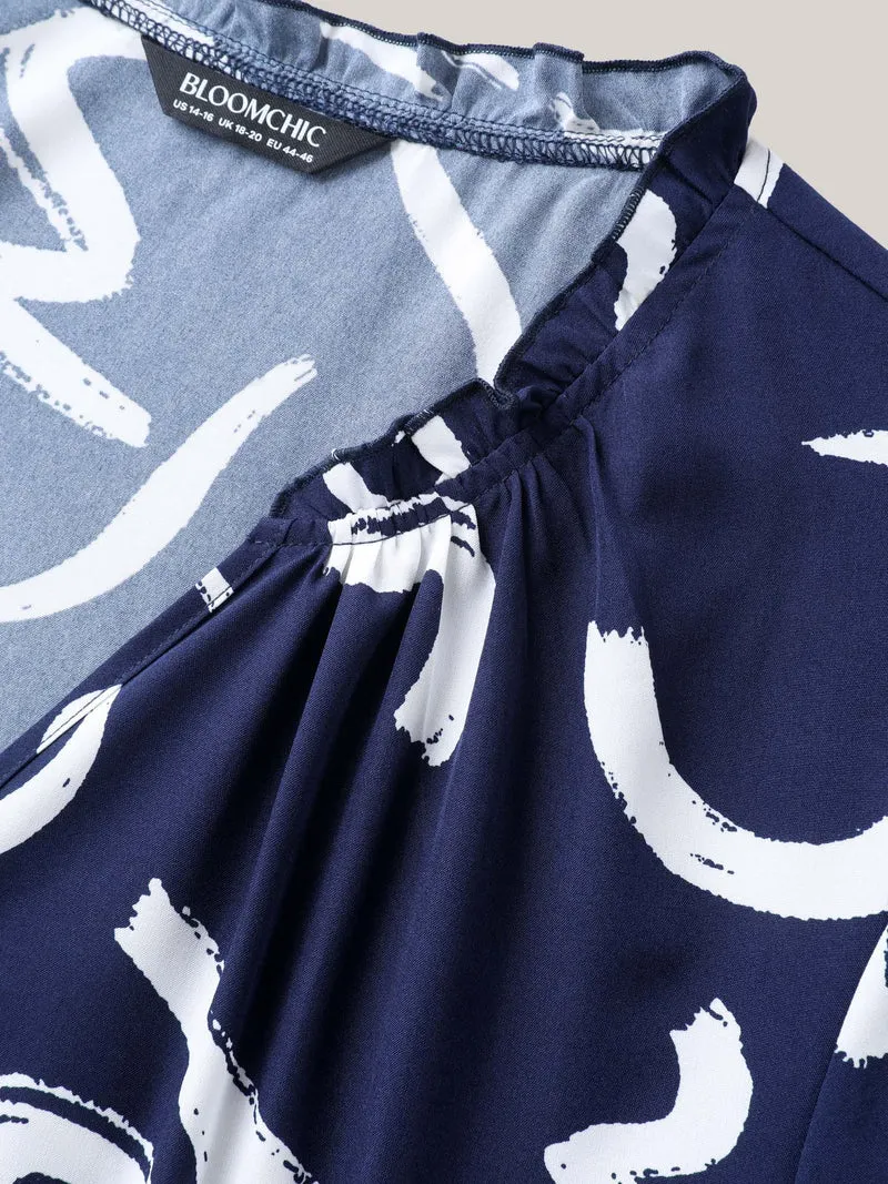 Scribble Print Ruffled Split Neck Blouse